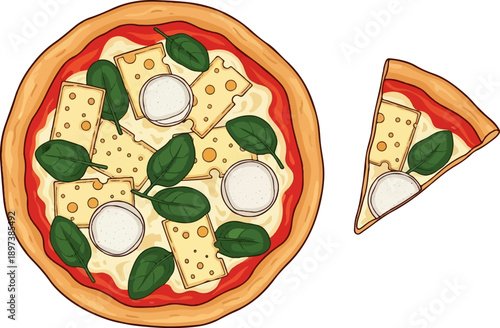 Vibrant cartoon pizza with cheese slices, fresh spinach leaves, and creamy dollops, plus one slice