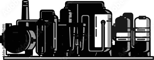 An outline illustration of industrial factory machinery with pipes, tanks, and a large pump