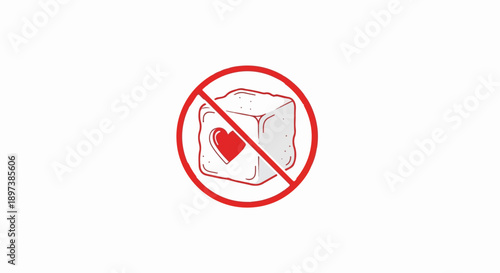 The image displays a white sugar cube with a red heart, inside a red 'no' symbol, indicating restriction