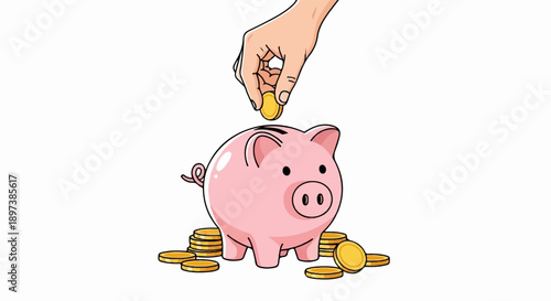 Hand placing a gold coin into a pink piggy bank, surrounded by stacks of coins on white background