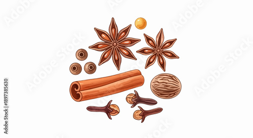An assortment of aromatic spices, including star anise, cinnamon sticks, cloves, nutmeg, and peppercorns