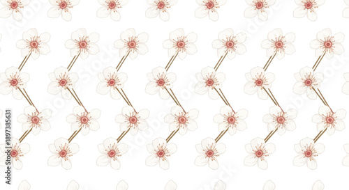 Seamless pattern of delicate white flowers with reddish centers and brown stems on a white background, repeating