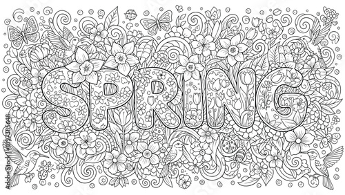Spring floral doodle art lettering, coloring page for adults and kids, intricate patterns