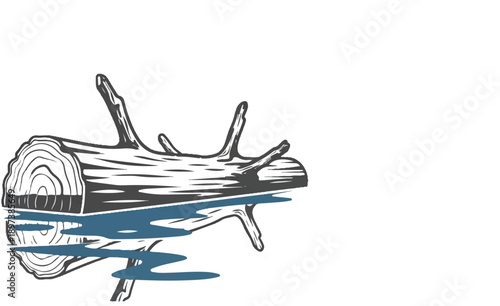 Stylized log partially submerged in water, revealing tree rings and branches in a simple illustration