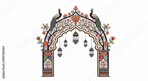 An ornate archway adorned with colorful floral patterns, two peacocks, and hanging lanterns