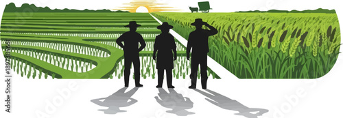 Three silhouettes of farmers stand between lush green rice paddies and a field of crops under a sunrise