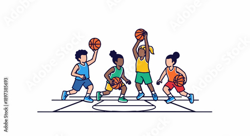 Four diverse youngsters actively playing basketball on a court, dribbling and shooting