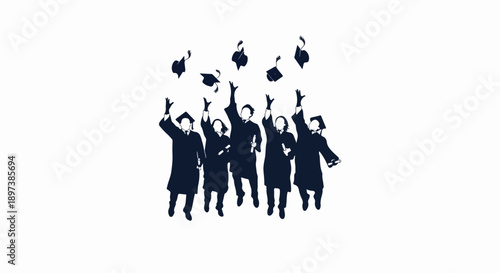 Silhouettes of five joyful graduates in caps and gowns celebrating by throwing their mortarboards into the air