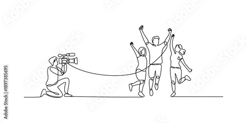 Continuous line art illustration of a cameraman filming people celebrating Vector, illustration