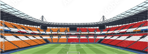 An empty pixel-art football stadium with a green pitch and multi-colored red, orange, and white seats