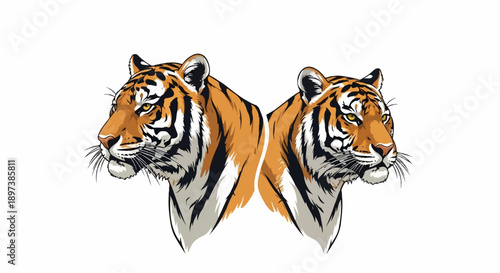 Two stylized tiger heads, mirrored, with orange, black, and white fur, looking outwards on a plain white background