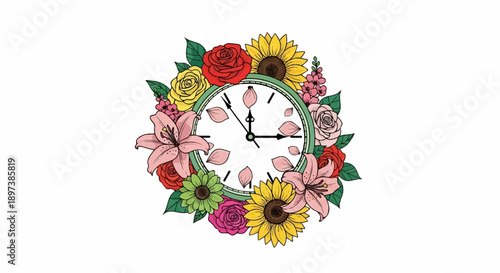 Vibrant illustration featuring a clock face encircled by an array of colorful blooming flowers and green leaves