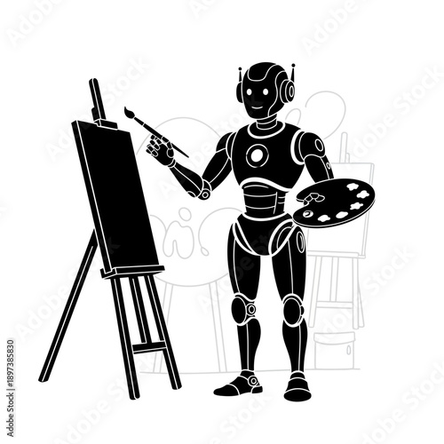 Creative Robot Artist Illustration – AI Painting on Easel for Art, Technology & Innovation Design
