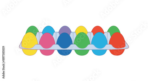 Colorful plastic eggs arranged in a clear container isolated on white