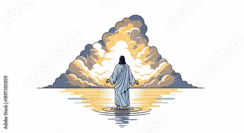 Stylized illustration of a figure in robes standing in water, facing a radiant, cloudy sky