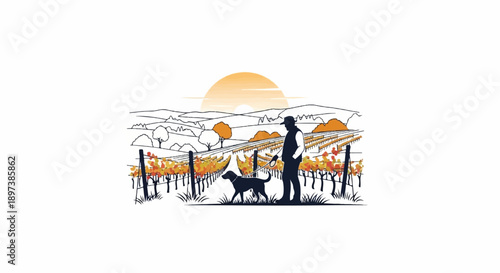 Silhouette of a man walking a dog on a leash through a vineyard at sunset with colorful autumn leaves