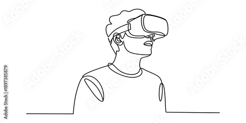 One line art illustration of a man immersed in a virtual world with a vr headset Vector, illustration