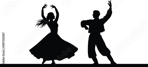 dance, silhouette, traditional, folkloric, couple, movement, rhythm, culture, black, white, expressive, skirt, pose, heritage, performance, elegant, dynamic, art, celebration, unity