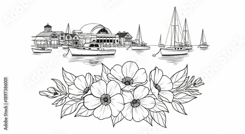 Line art illustration of a bustling harbor with boats, waterfront buildings, and an elegant floral border