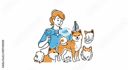 Illustration of a groomer styling a dog with a hairdryer and comb, showing before/after fur trims
