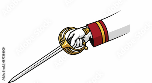 Gloved hand in a formal uniform sleeve holding a gleaming ceremonial sword with an elaborate golden hilt