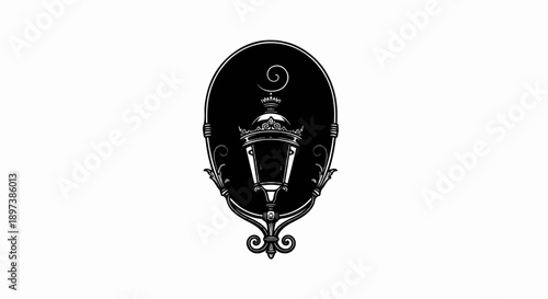 Ornate vintage street lamp illustration in black and white, featuring decorative scrolls and an oval frame