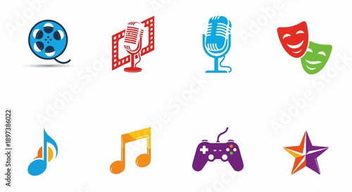 Colorful icons depicting various entertainment and media elements like film, music, gaming, and theater