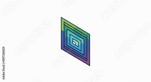 Isometric abstract geometric design featuring concentric squares with a multicolor gradient fill
