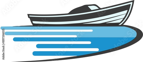 Simplified illustration of a speedboat moving quickly through blue water, leaving a trail of speed