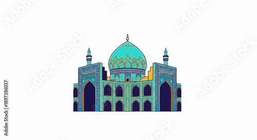 Vibrant illustration of a majestic turquoise-domed temple with intricate blue archways and minarets on white