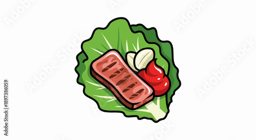 Cartoon illustration of grilled meat, garlic, and red sauce served on a fresh green lettuce leaf