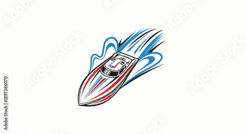 Vibrant illustration of a speed boat with red, blue, and black accents leaving a powerful wake