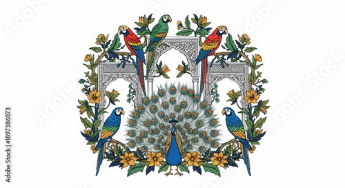 Vibrant illustration of a peacock displaying its feathers, surrounded by colorful parrots, ornate arches, and lush flowers