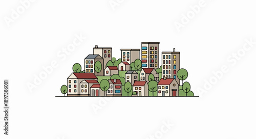Stylized illustration of a cozy urban landscape featuring a mix of houses, apartment buildings, and green trees