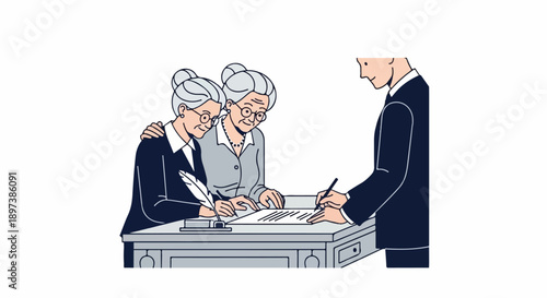 Two older women and a man are gathered around a desk, one woman signing a formal document
