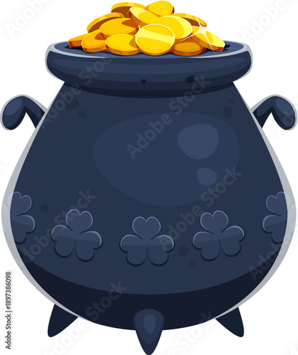 Leprechaun pot of gold Irish Saint Patrick day holiday icon, game asset. Cartoon vector treasure cauldron with golden coins and trefoil clover shamrock leaves. Happy St Patrick day symbol of good luck