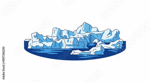 An illustration of a cluster of blue and white icebergs and smaller ice fragments floating on dark blue water