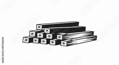Black and white illustration of a stack of lumber, showing the ends of wooden beams with star-like grain