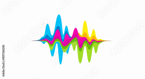 Vibrant, colorful sound wave pattern with layered peaks and troughs against a clean white background