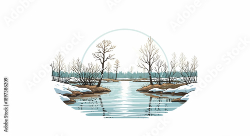 Pixel art winter river landscape with bare trees and snow-covered banks under a subtle arched sky