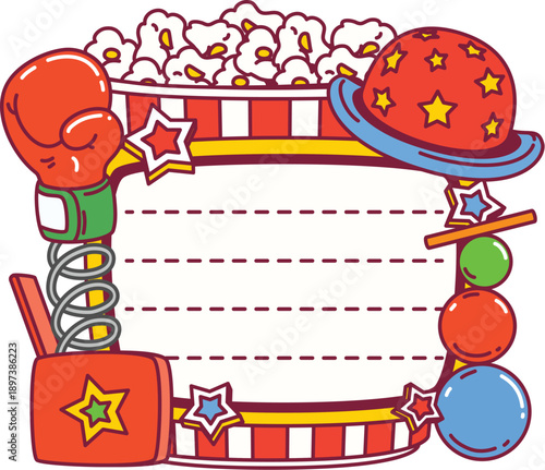 Playful big top tent circus kids memo note frame shaped like a popcorn bucket. Funky vector tag and sticker with circus hat, surprise box, boxing glove, and stars for school stationery