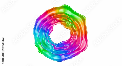 Vibrant glossy rainbow fluid ring with an irregular organic shape and central void on white background