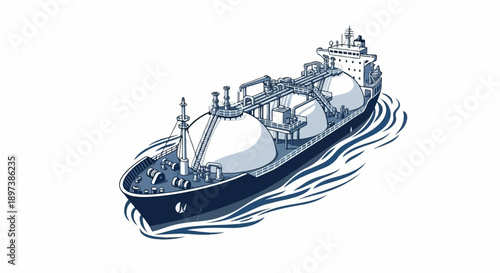 Illustration of a large LNG carrier ship with spherical tanks on its deck, sailing through stylized blue waves