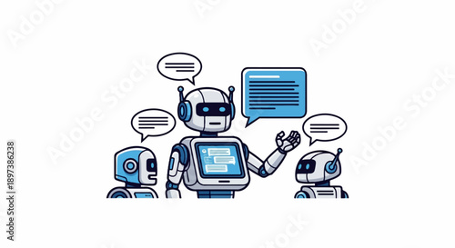 Three white and blue robots discussing, with speech bubbles showing conversation and data exchange