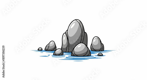 Pixel art illustration of a cluster of smooth grey rocks rising from calm blue water with gentle ripples