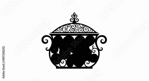 Black silhouette of an ornate, lidded container with intricate scrollwork, symmetrical design, and decorative handles