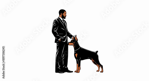 Stylized illustration of a well-dressed man with a loyal Doberman dog, standing together on a white background