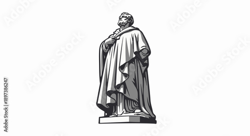 Vector art of a robed male figure, likely a historical or philosophical statue, in monochrome style