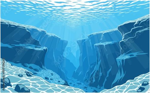 Pixel art depicting a serene underwater canyon, bathed in sunrays filtering through the rippling surface