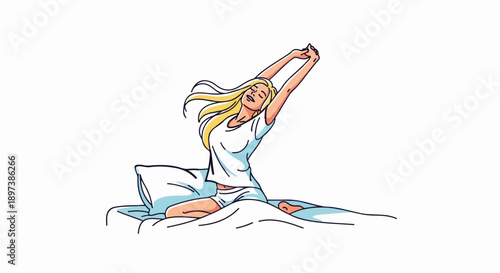 Illustration of a blonde woman waking up in bed, stretching her arms above her head with a happy expression